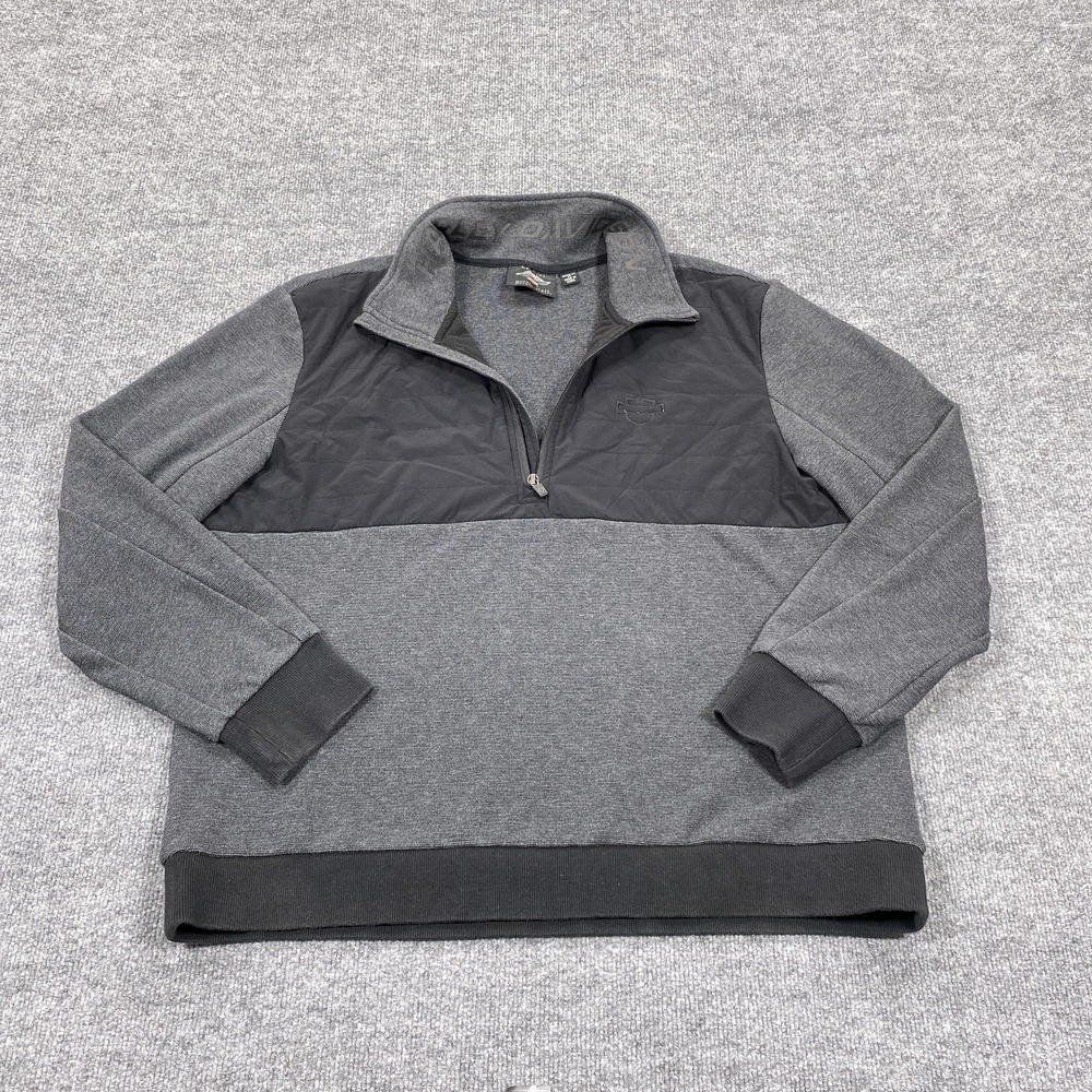 Harley-Davidson Sweater‎ Mens XL Gray 1/4 Zip Mock Neck Quilted Pullover Logo